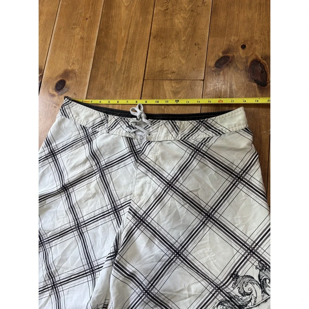 Men's White Plaid Board Shorts Swim Trunks Size 32 Drawstring Lace-Up Pockets